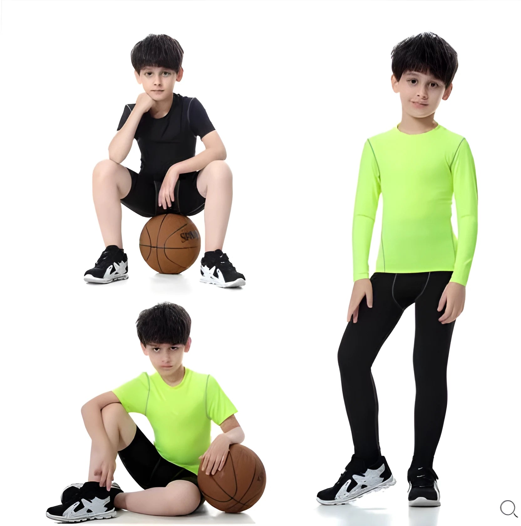 Kids sportswear set showing T-shirts, shorts and trousers in black and green with Asian sizing chart
