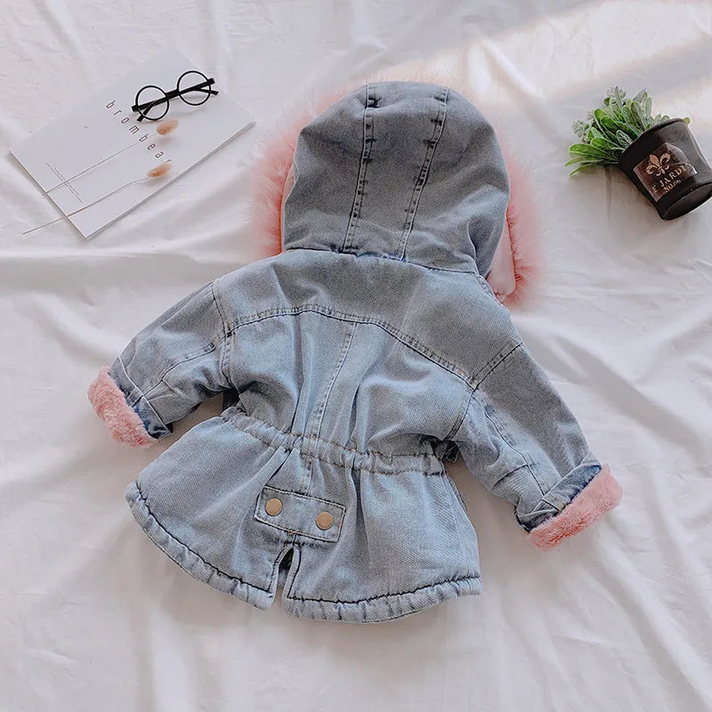 Blue denim coat for a girl with an attached hood and velvet lining.