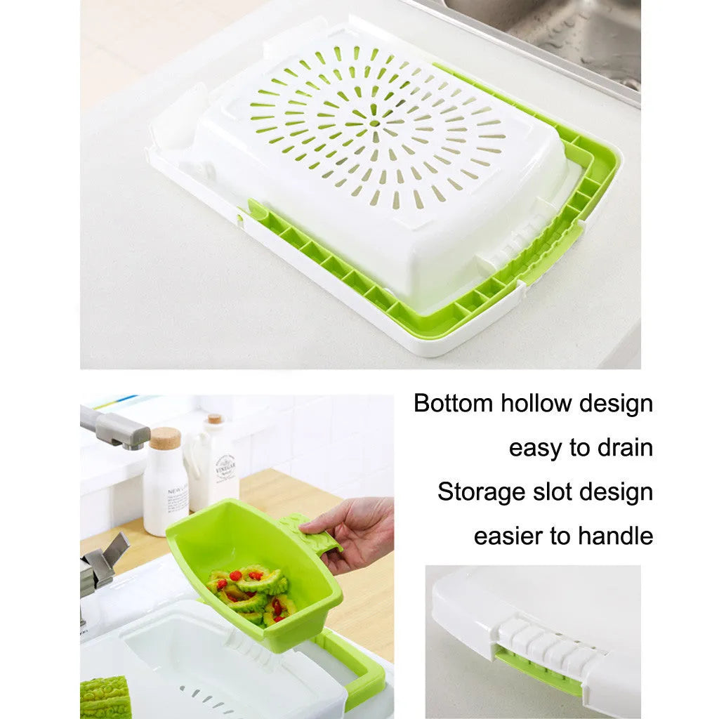 Green sink-mounted kitchen cutting board with drain holes and a storage trough for vegetables.