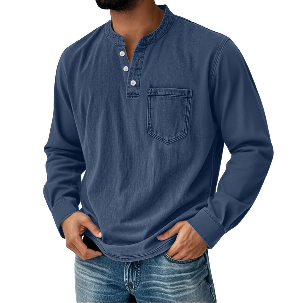 Printed three-button long-sleeve T-shirt for young men, slim fit, polyester, digital print