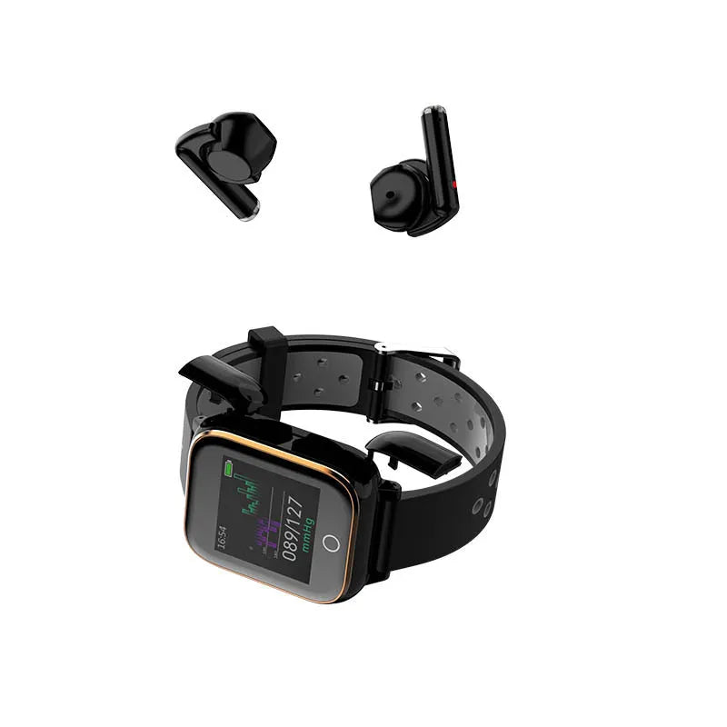 Black smart watch bracelet with integrated Bluetooth earbuds stored in charging cabinet