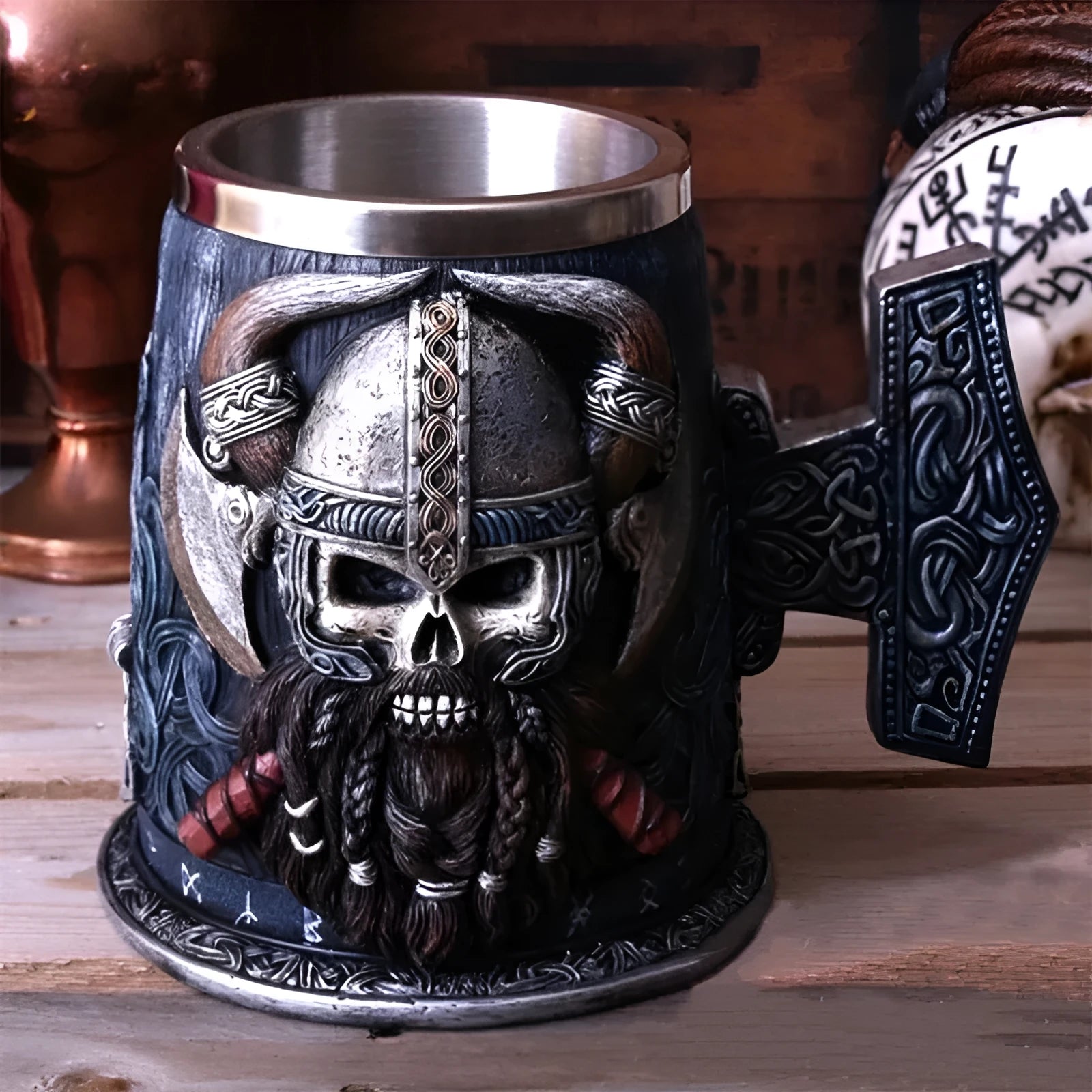 Viking Pirate Beer Mug hand-painted black resin with removable stainless steel insert, runic base and Mjolnir handle