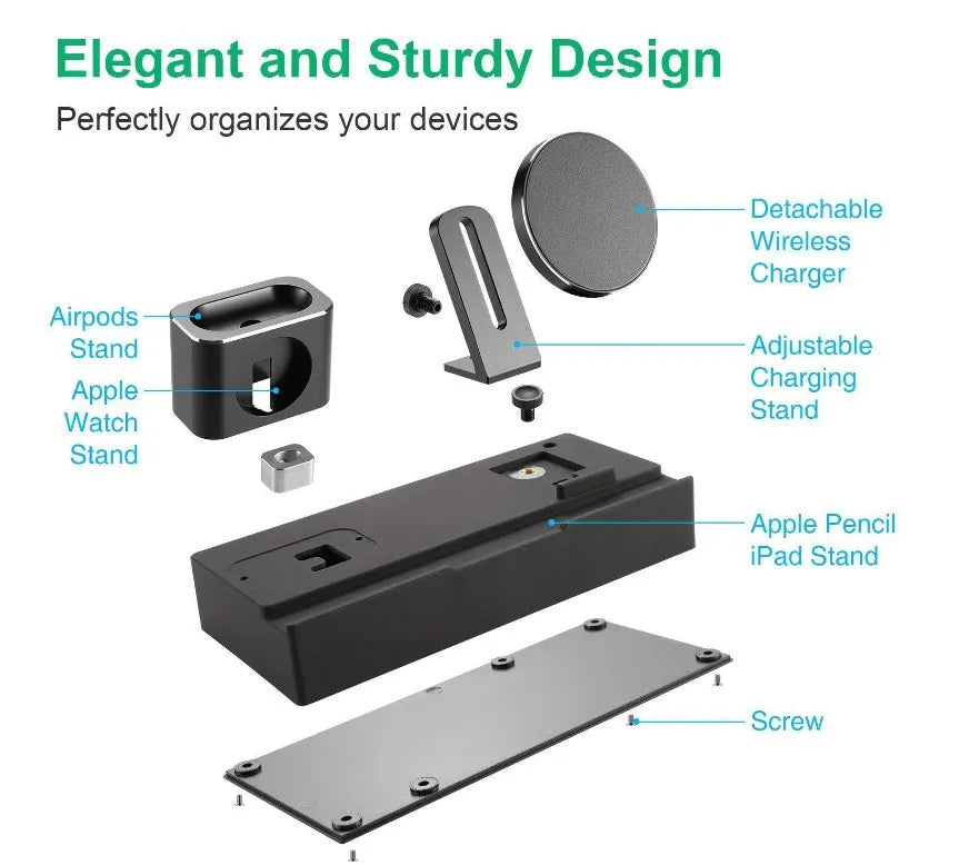 Black eight-in-one wireless charging station with bracket design showing five USB ports and wireless charging pad