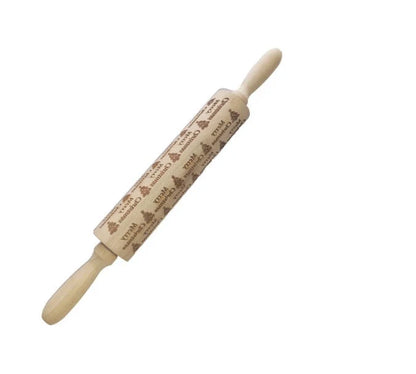 Personalized Christmas rolling pin with a variety of embossed holiday designs, including snowflakes, reindeer, and Merry Christmas patterns