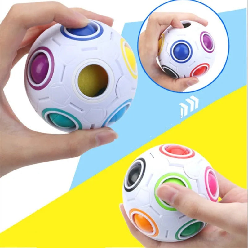 Rainbow coloured ball puzzle with multiple holes showing balls inside plastic sphere
