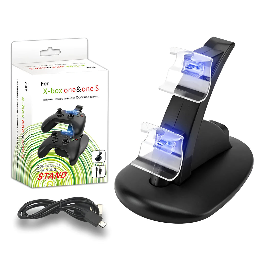 Black Xbox dual controller charging stand for Xbox One and Xbox One S gamepads