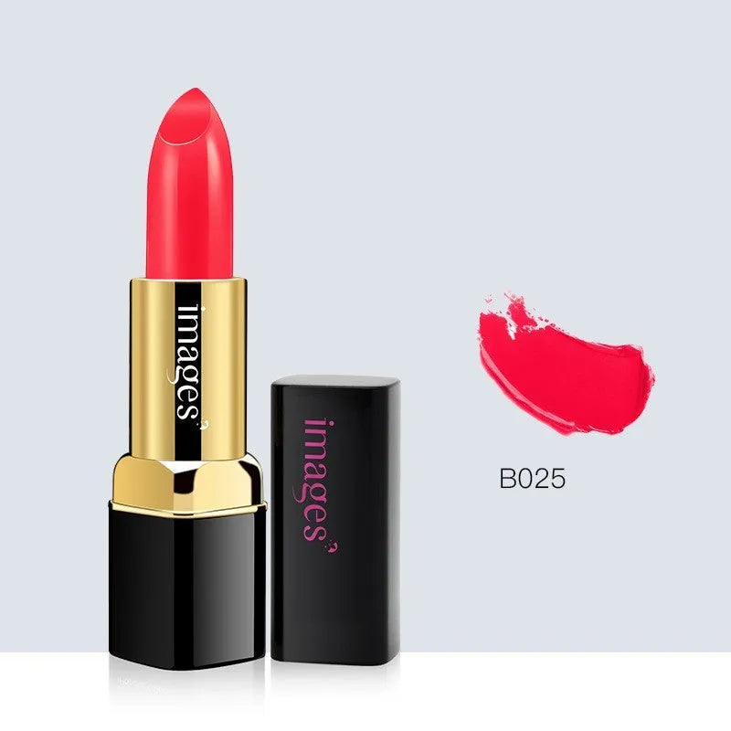Moisturising lipstick lip gloss in a case, shown in multiple colours including coral red and pink.