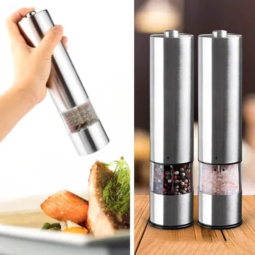 Stainless steel electric pepper grinder mill in natural colour, shown upright.