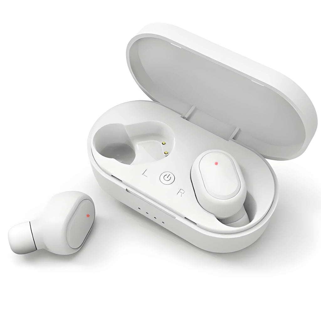 Black and white M1 wireless Bluetooth earbuds with a charging case on a table.