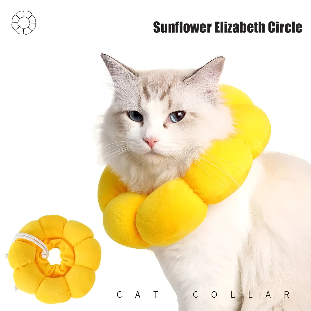 Sunflower patterned cotton recovery collar for a cat or small dog, shown with adjustable hook-and-loop strap.