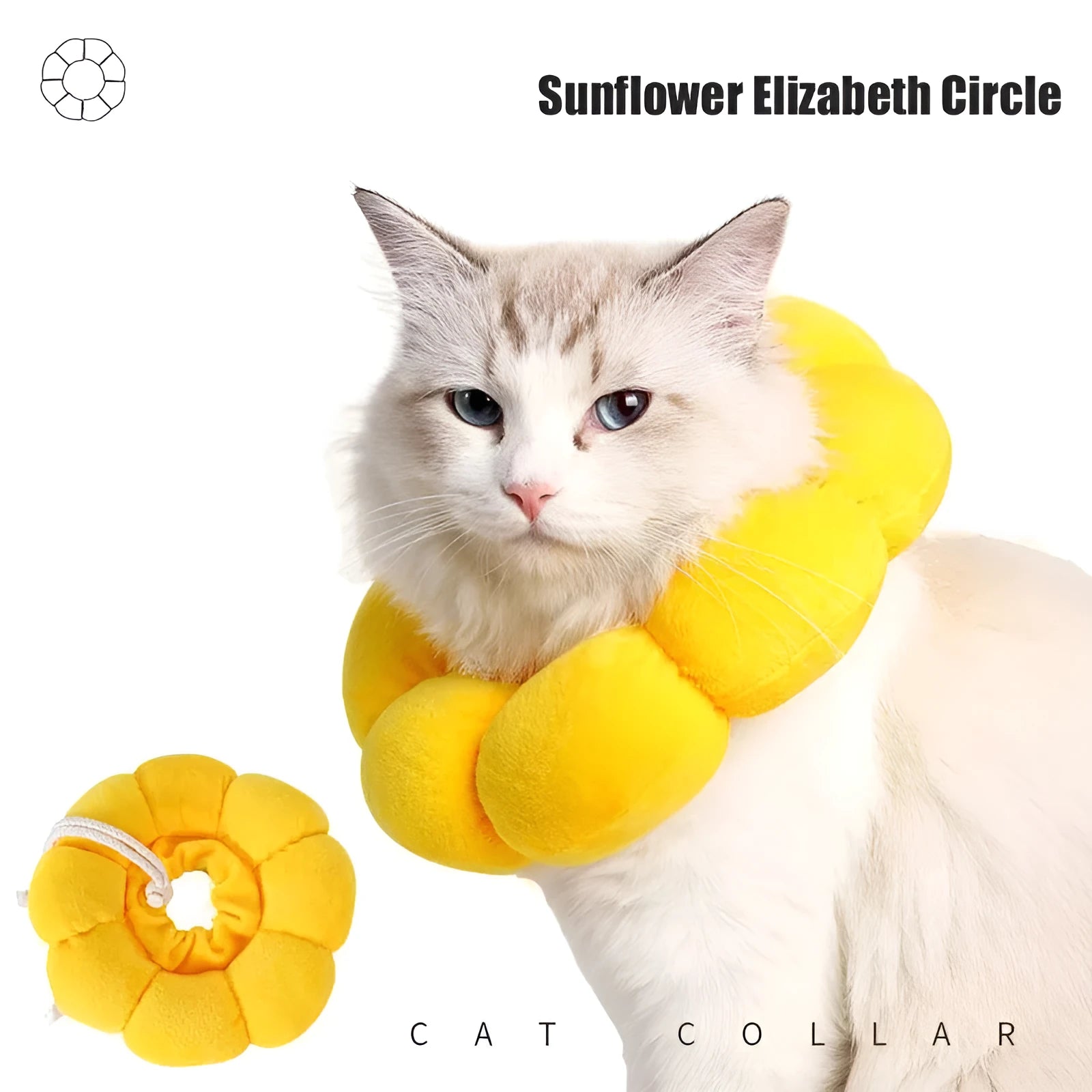 Sunflower patterned cotton recovery collar for a cat or small dog, shown with adjustable hook-and-loop strap.