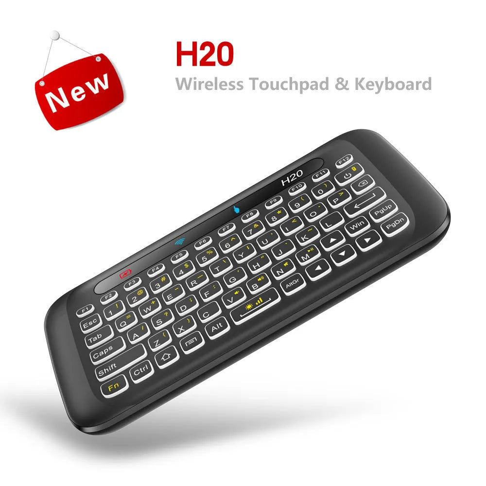 H20 mini wireless keyboard in black with backlit keys and touchpad