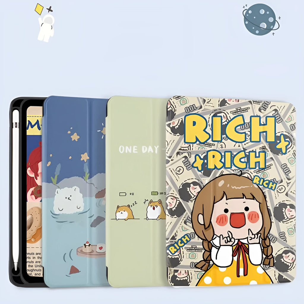 Cute cartoon three-fold silicone iPad case in imitation leather, shown in stand mode.
