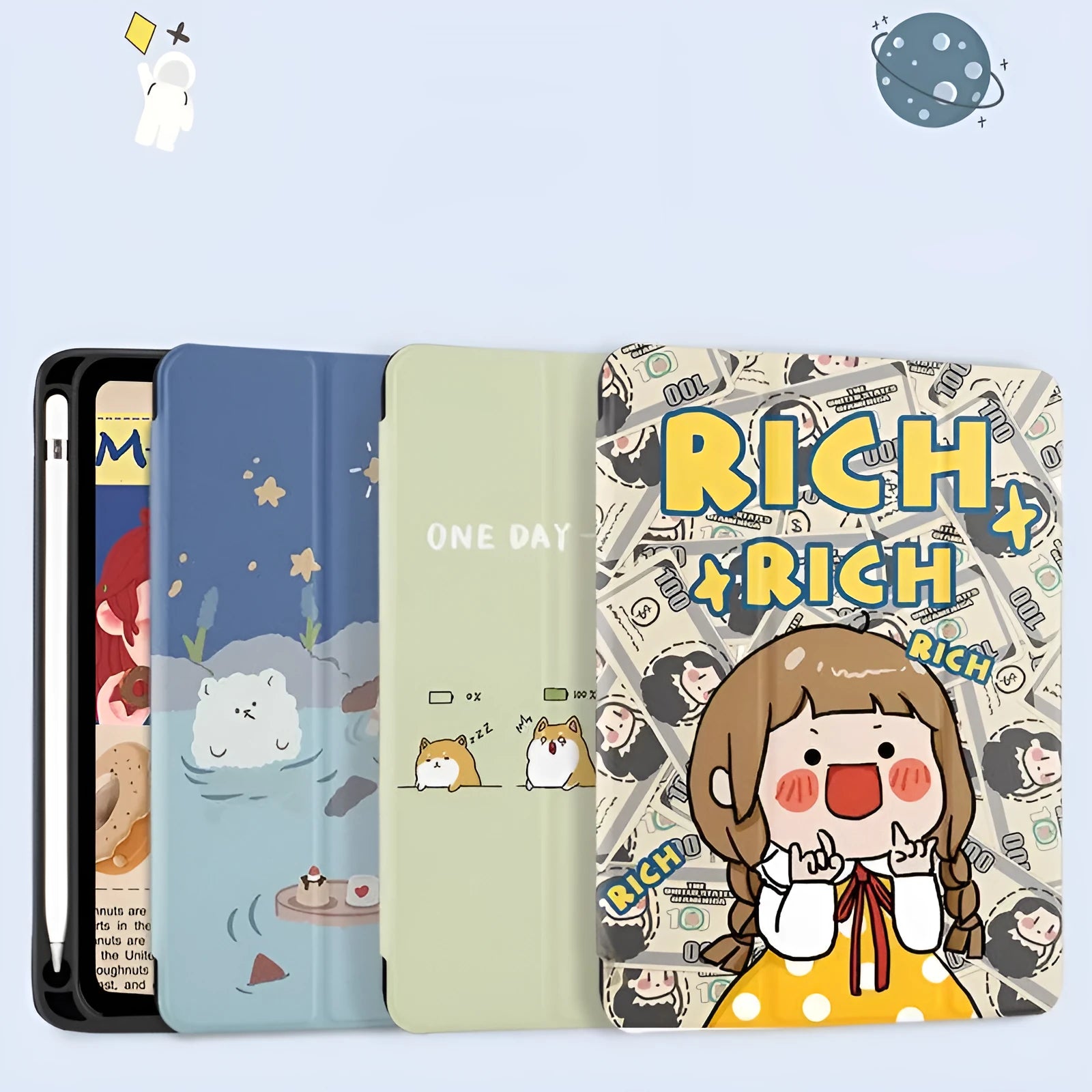 Cute cartoon three-fold silicone iPad case in imitation leather, shown in stand mode.
