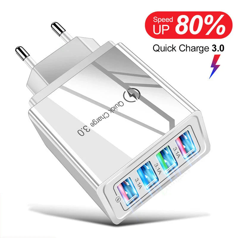 4-port USB wall charger with Quick Charge 3.0 technology for fast charging of smartphones and tablets