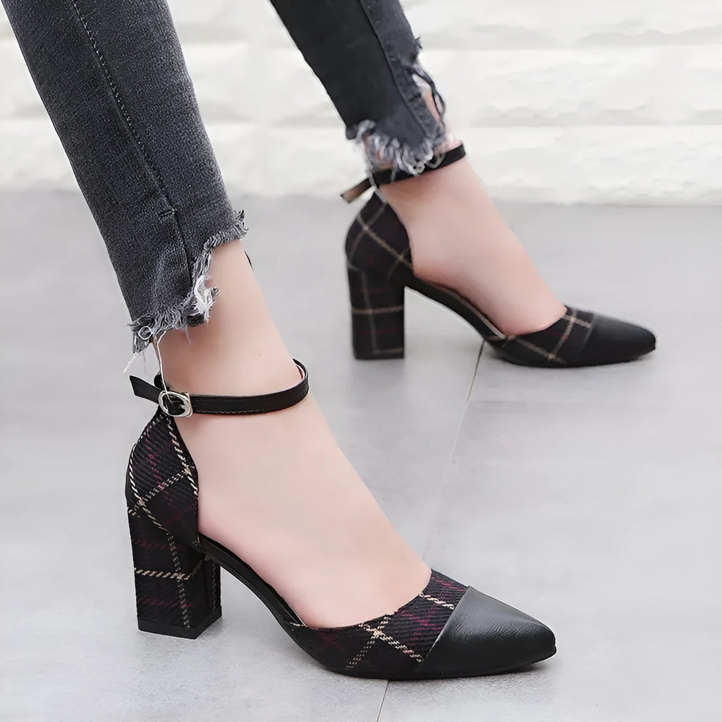 Thick heel high heels in brown with colour-matching buckle detail, PU and suede upper, rubber sole