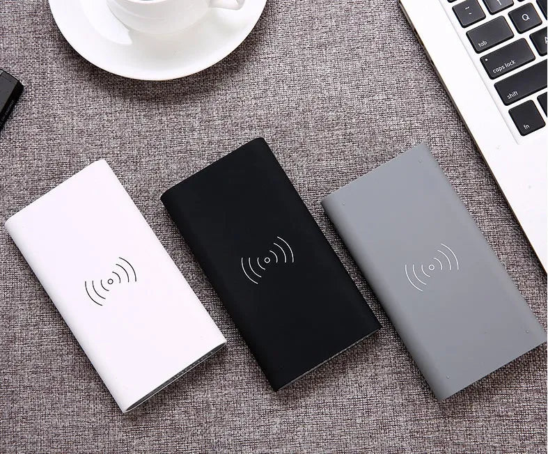 Three in one wireless power bank 10000mAh with USB cable and Qi wireless charging, ABS plastic, Black Gray White