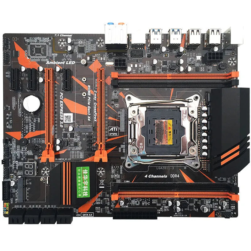 Black X99 chipset desktop motherboard with LGA2011-3 socket, four DDR4 slots, and dual PCI-E x16 slots.