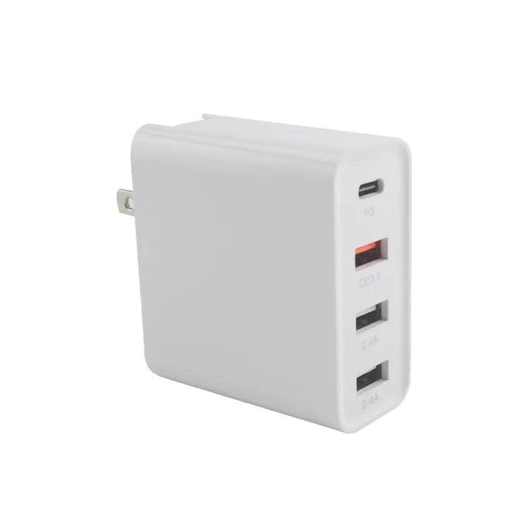 Black or white 48W PD charger with four USB-C ports and interchangeable UK, US, EU, AU plugs.