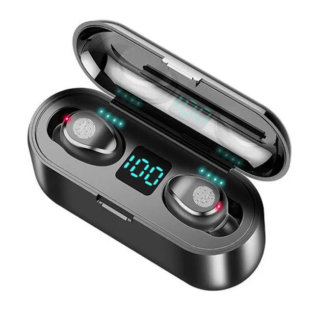 Black wireless Bluetooth headset with earplug design showing Bluetooth 5.0 and 10m range capabilities