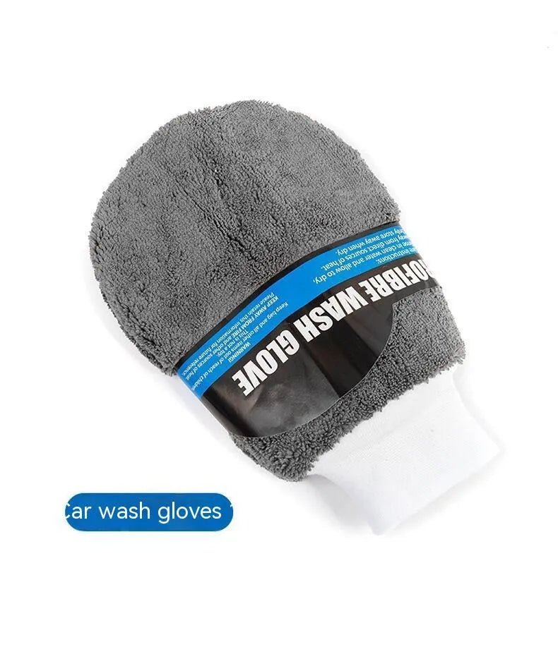 9-piece grey microfiber car wash cleaning set with gloves, sponge, tyre brush, wipes and towels