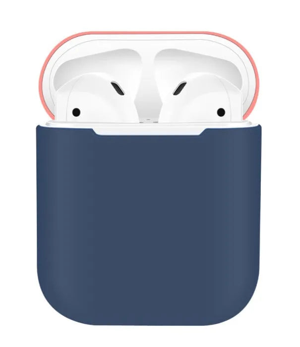 Silicone protective cover for Apple AirPods charging case shown in multiple solid colours including black, blue, and pink.