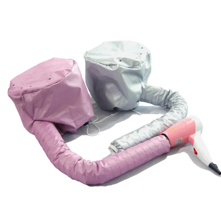 Hair dryer bonnet hood attachment with elastic tube and drawstring, available in Pink and Silver