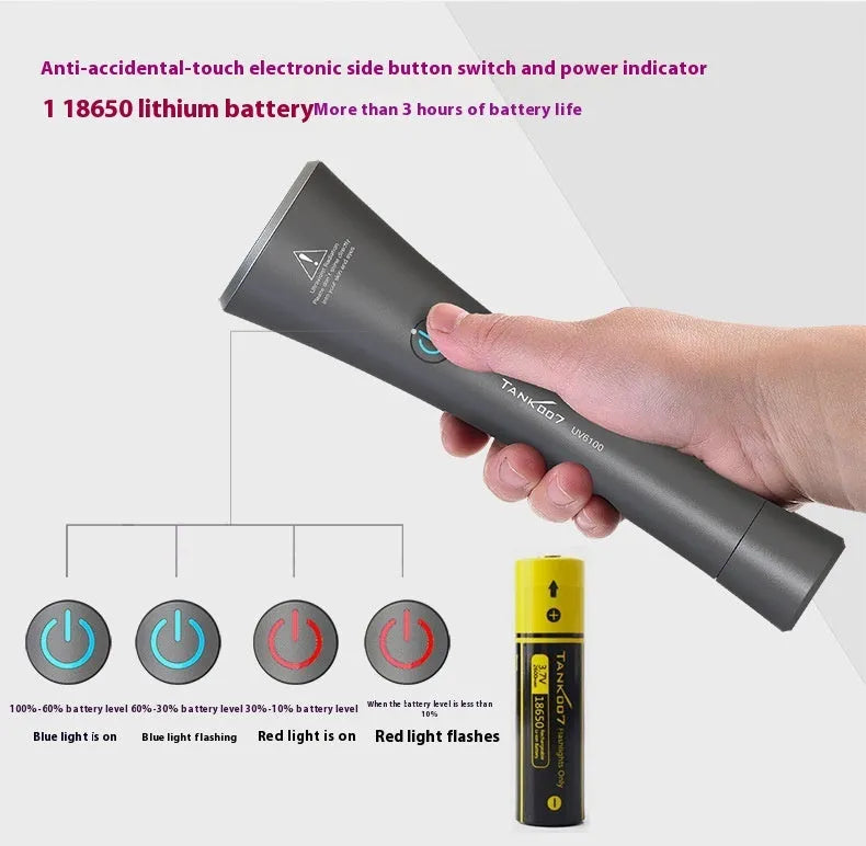Black aluminium UV flashlight for pet urine and insect detection with USB Type-C charging port
