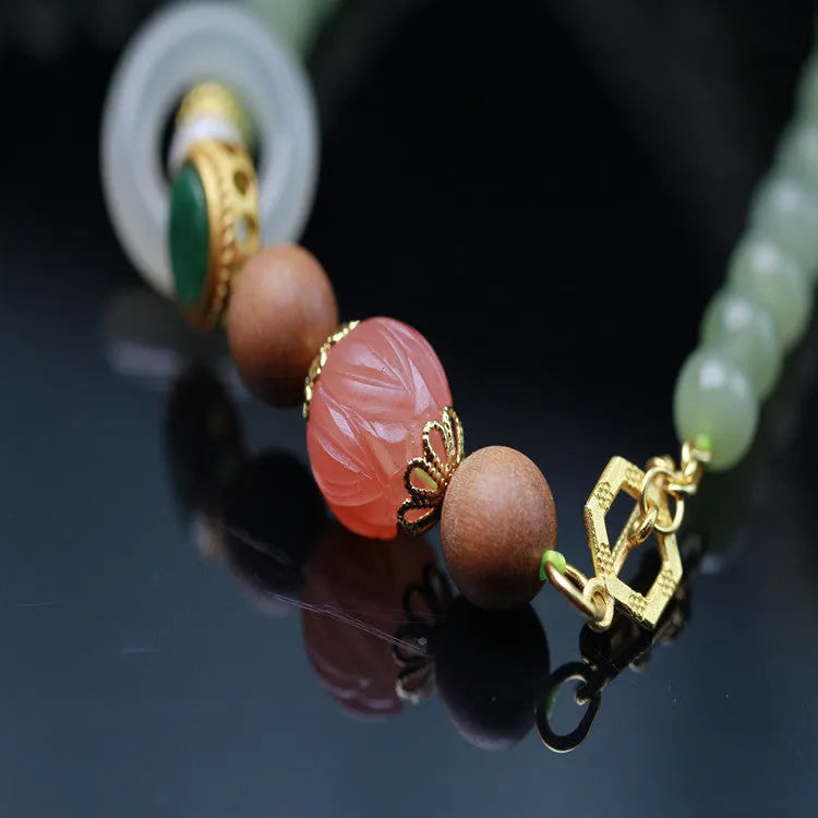 Hetian jade lotus beads necklace and sandalwood beeswax bracelet set with fu character zodiac design
