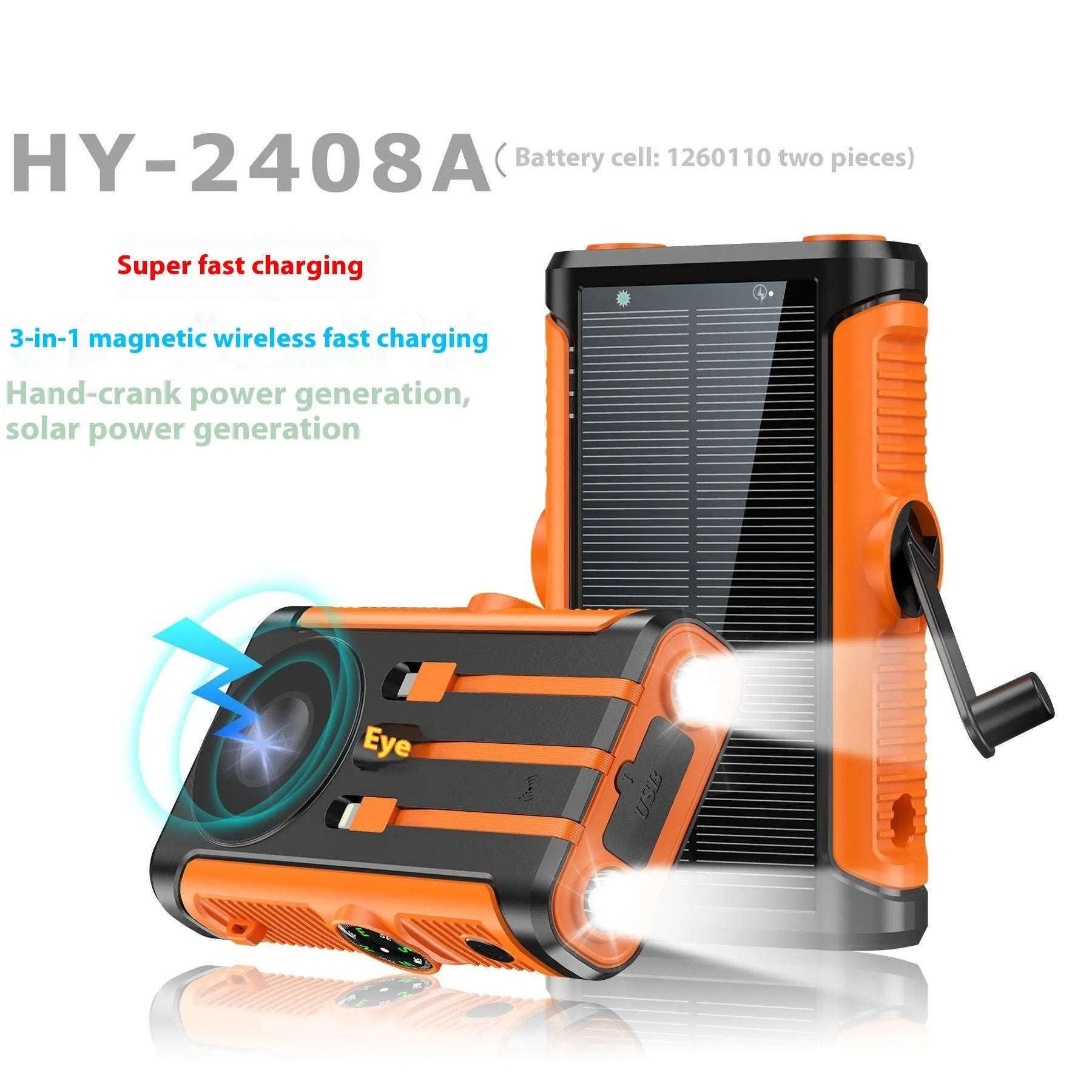 Solar outdoor camping hand crank power bank in black with orange accents, 20000mAh, plastic shell, compact 16.65x8.55x3.5cm