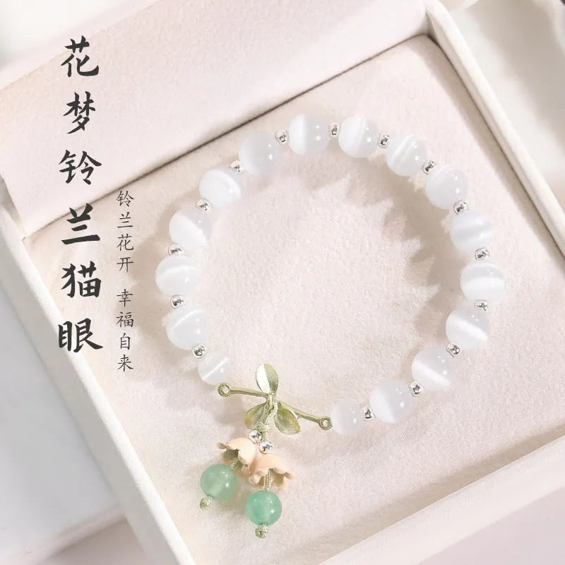 Adjustable cat's eye stone beaded bracelet with electroplated opal diamond-shaped beads in multiple colour options