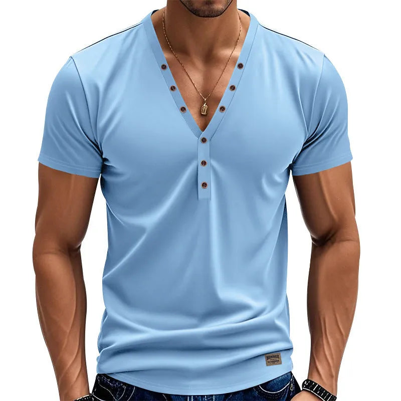Men's loose fit V-neck t-shirt with button detail in light blue colour.