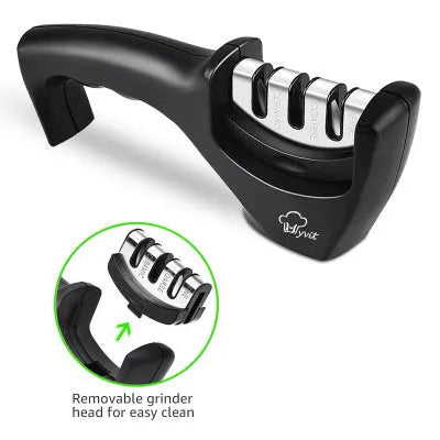 Diamond tungsten steel knife sharpening tool with dismantleable black ABS plastic body.