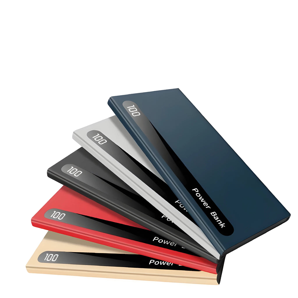 Ultra-thin 20000mAh power bank with digital display, dual USB ports, L172 x W14 x H152, black blue red
