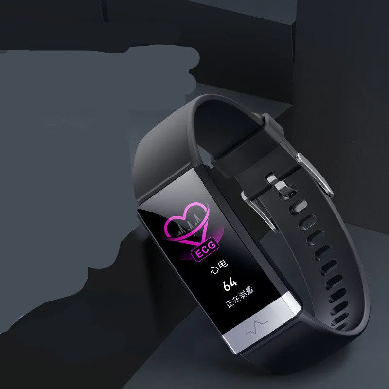 V19 smart fitness bracelet with colour screen on a wrist, shown in black, blue and red colour options.