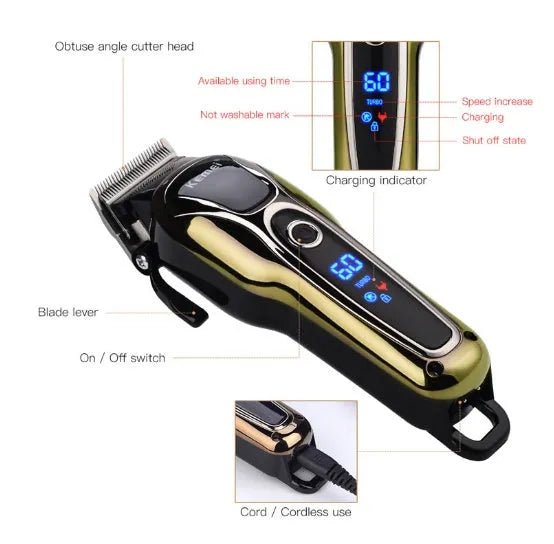 Professional rechargeable hair clipper with lithium battery, 4 guide combs, and UK adapter option on white background