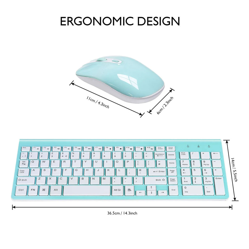 Fashion wireless keyboard and mouse set in blue, full-size with numeric keypad and 2.4G nano receiver