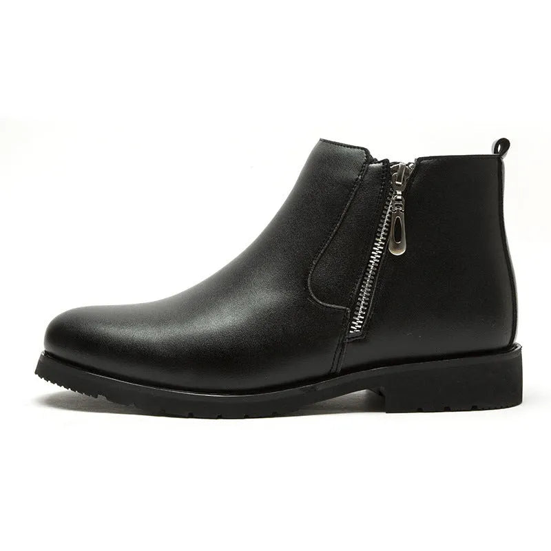 Men's black leather formal shoes with rubber outsole and plush lining, big sizes available