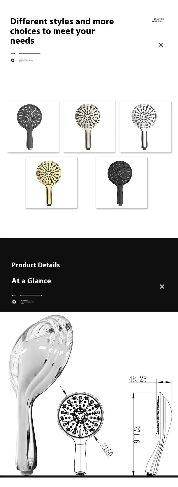 Portable handheld shower head with six spray functions and electroplated finish