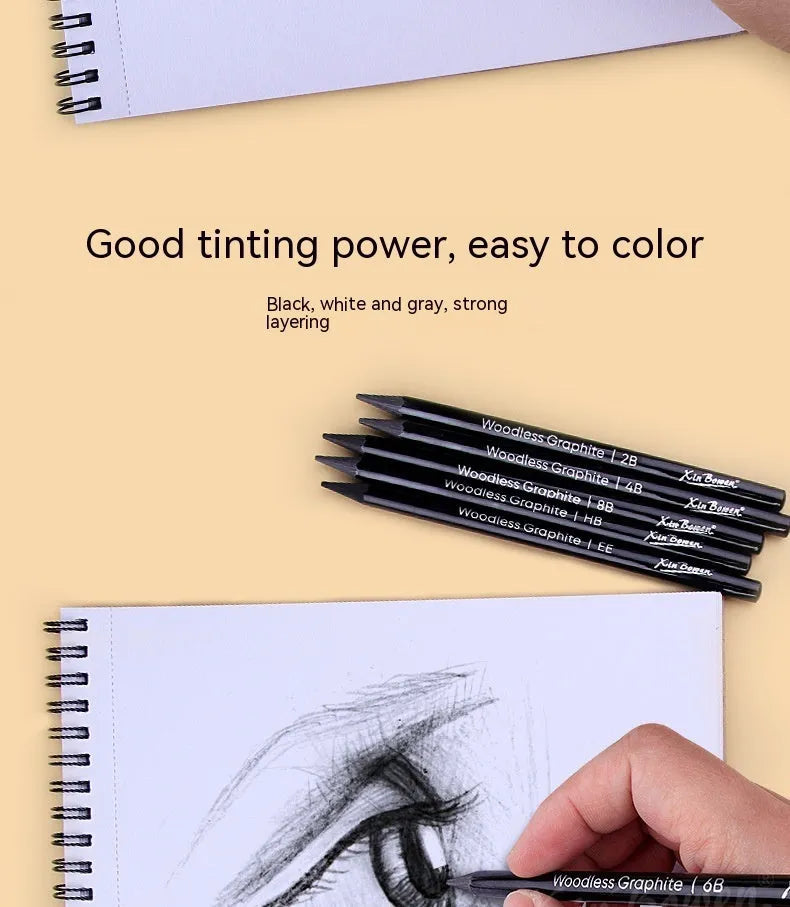 Set of six wood-free graphite full lead sketching pencils in a range of grades from HB to EE.