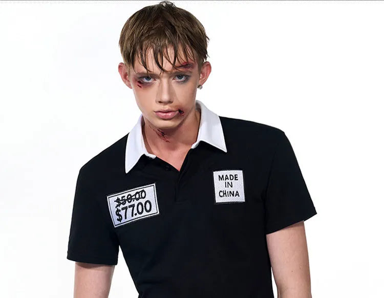 Black slim fit men's t-shirt with polo collar and embroidery detailing on short sleeves