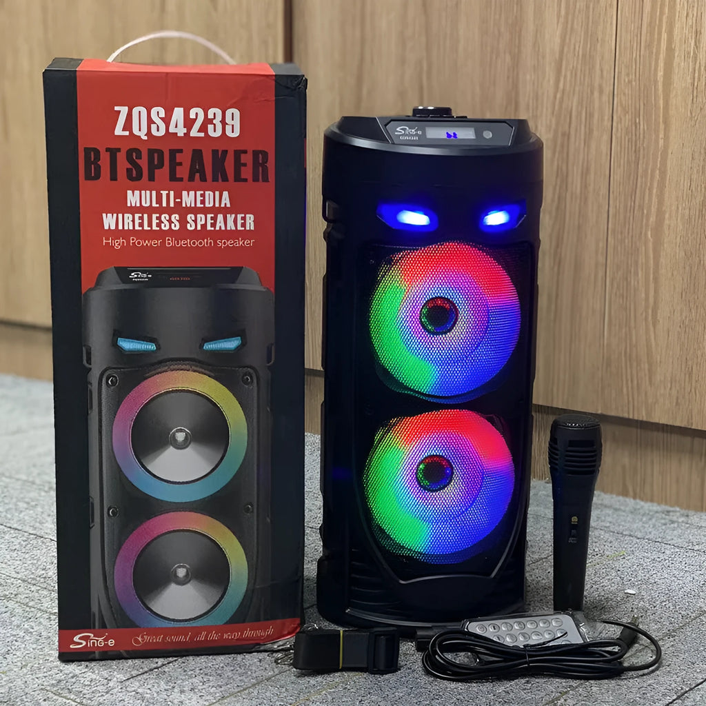 Black portable Bluetooth speaker with dual horn cannon design showing front panel with controls