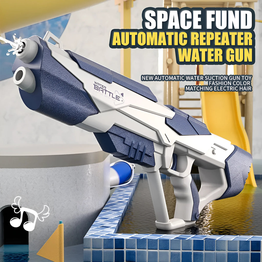 Blue plastic electric water gun with USB charging cable and 358ml water capacity for outdoor use.
