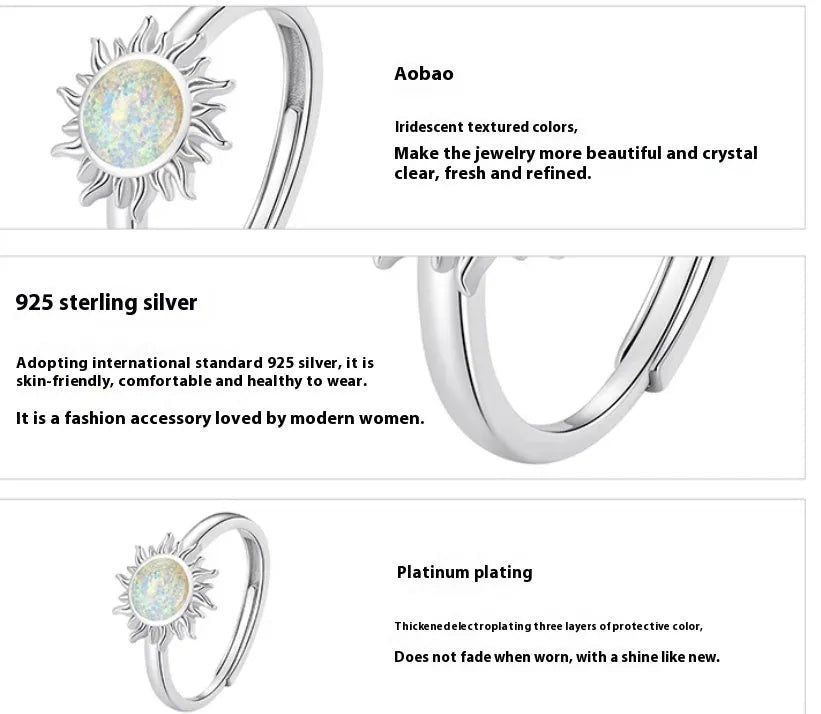 Adjustable 925 sterling silver ring with inlaid gemstone, silver colour, for women