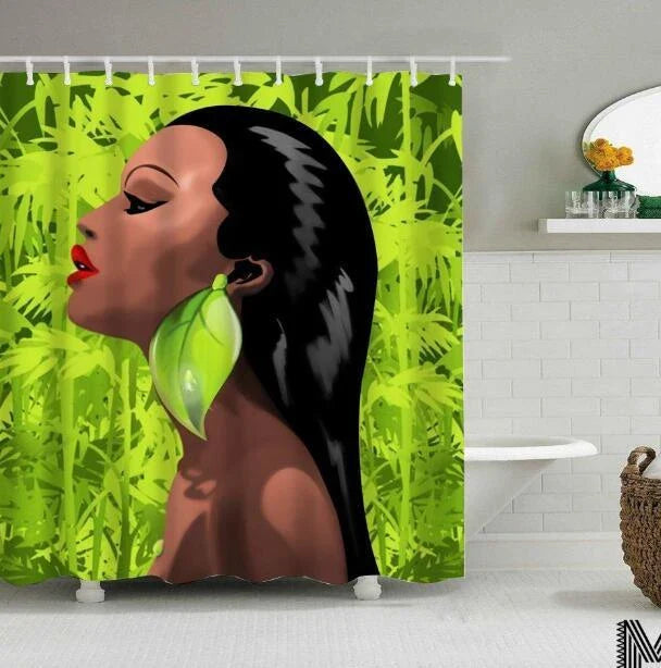 Vibrant Afro-urban printed shower curtain with modern building and African girl design