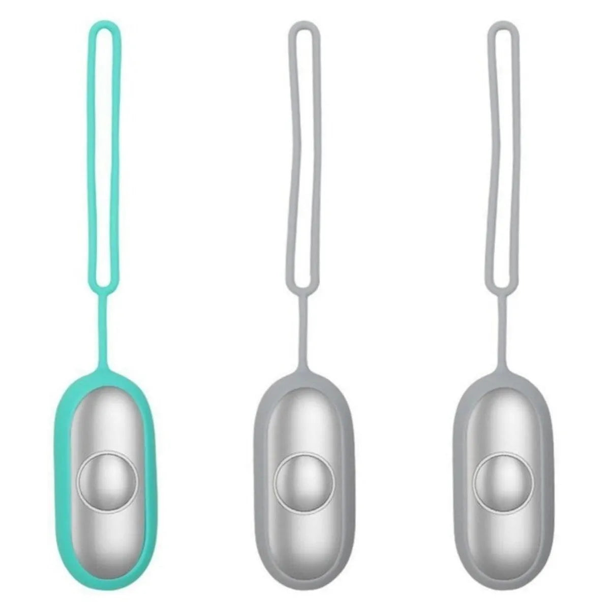Handheld micro-current sleep aid device in grey, green, or orange colour with USB charging cable.