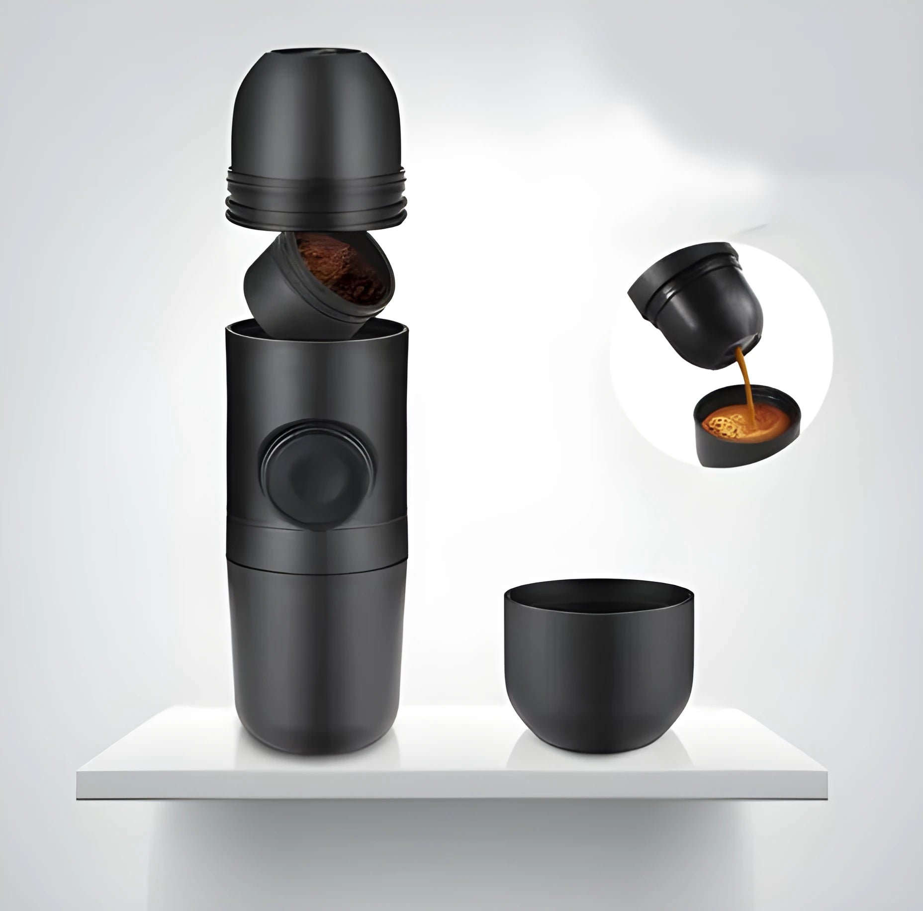 Black portable manual espresso coffee machine with stainless steel parts, shown at 17.5cm height.