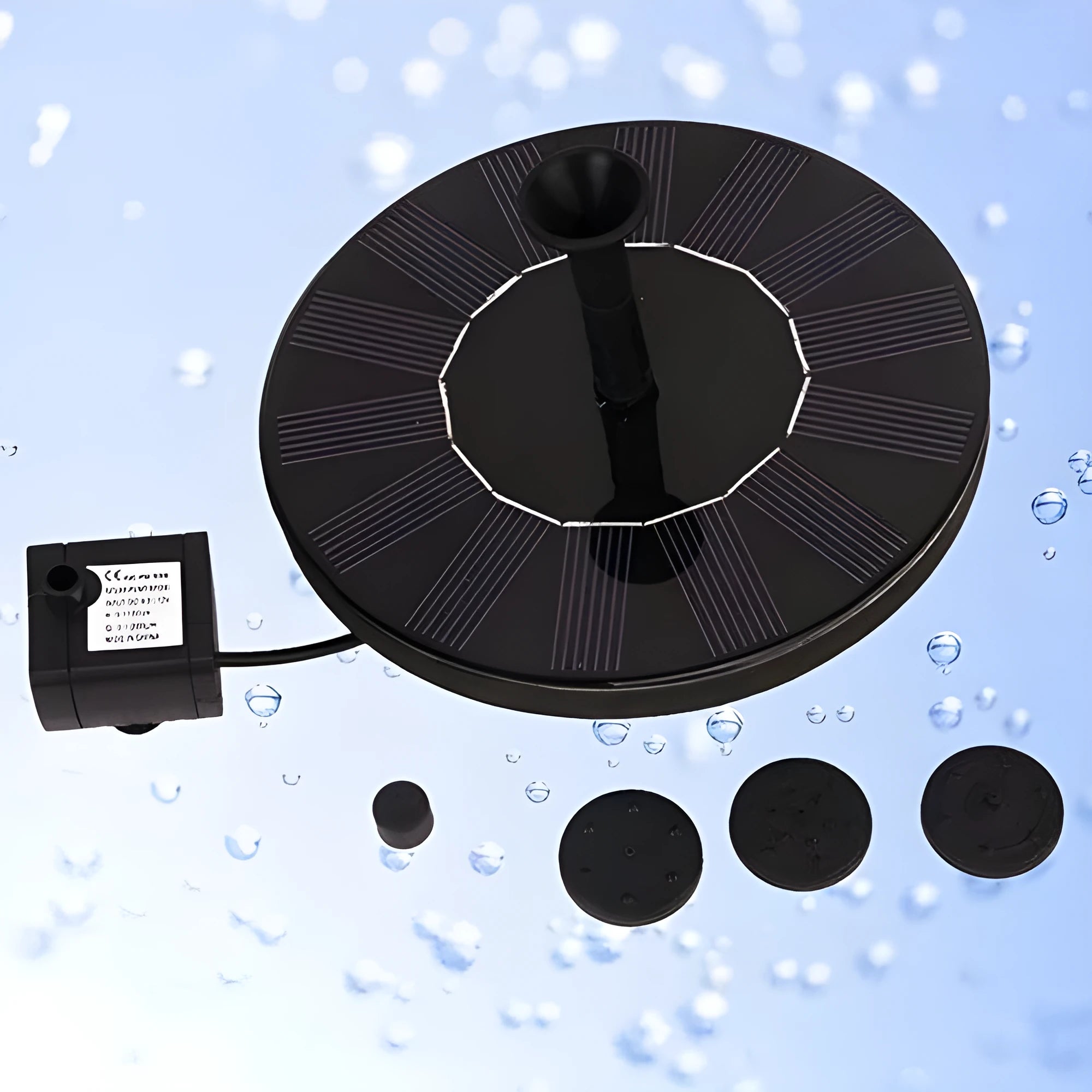 Round solar fountain pump with solar panel for outdoor water features