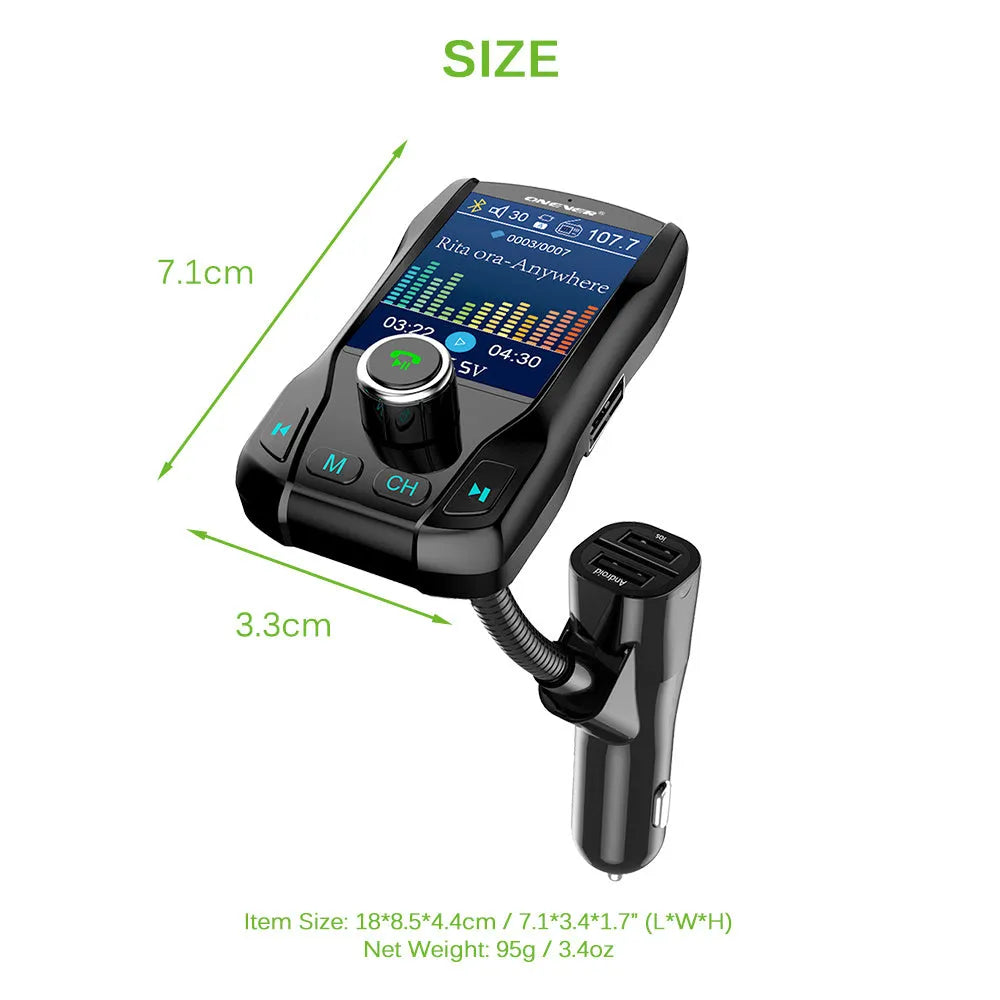 Black car Bluetooth FM transmitter with colour screen and dual USB ports plugged into a car dashboard