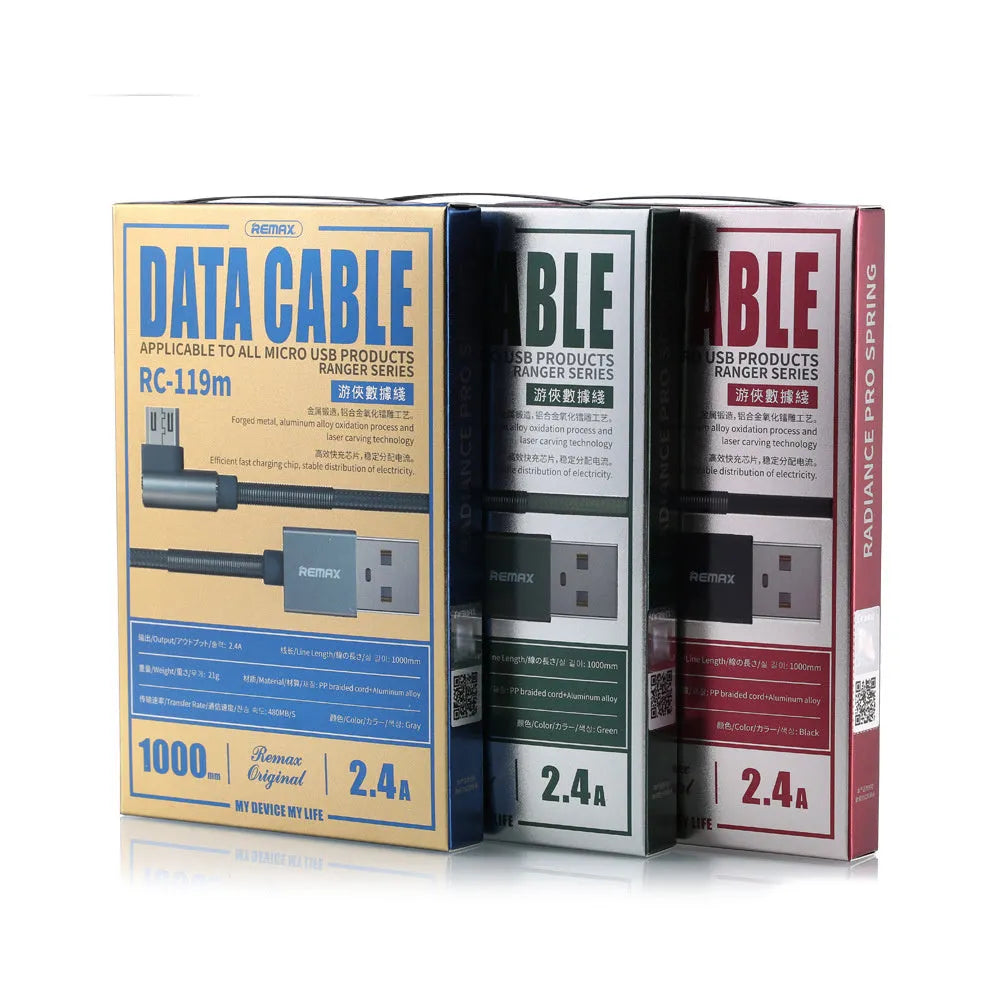 Rotor 1 metre single head data cable in three colours black grey green with 8PIN Micro USB connector